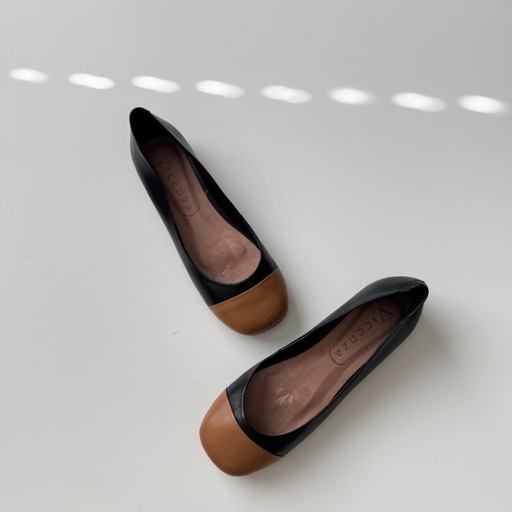 Vicenza Black Leather Two Tone Cap Toe Square Toe Ballet Flats Size 7 Brazil - Picture 6 of 10